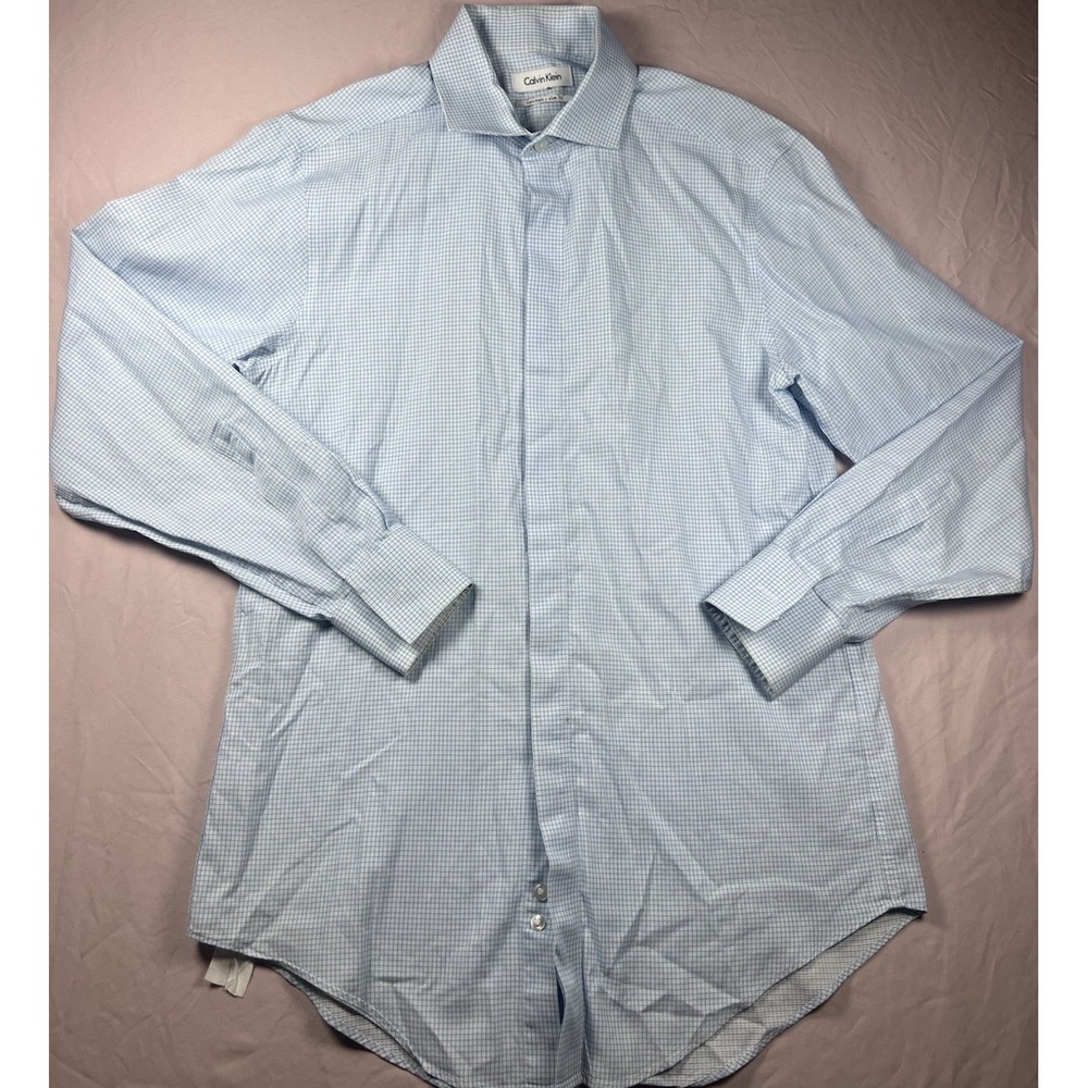 Calvin Klein Mens Blue White Grid Plaid Non Iron Slim Fit Dress Shirt